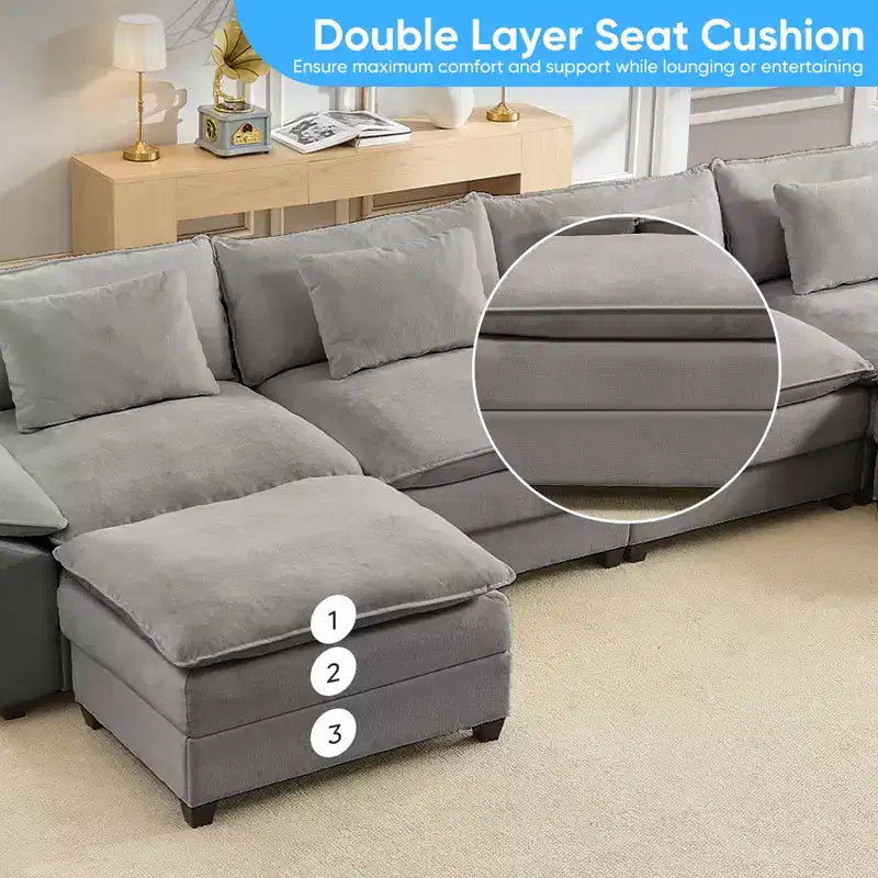 Divano componibile a U con 2 pouf, 6 posti, beige / blu scuro / grigio scuro / grigio chiaro