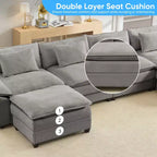 Divano componibile a U con 2 pouf, 6 posti, beige / blu scuro / grigio scuro / grigio chiaro