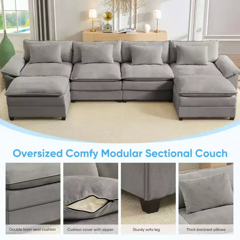 Divano componibile a U con 2 pouf, 6 posti, beige / blu scuro / grigio scuro / grigio chiaro