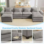 Divano componibile a U con 2 pouf, 6 posti, beige / blu scuro / grigio scuro / grigio chiaro