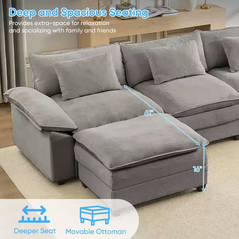 Divano componibile a U con 2 pouf, 6 posti, beige / blu scuro / grigio scuro / grigio chiaro