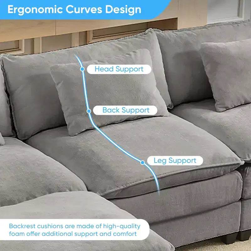 Divano componibile a U con 2 pouf, 6 posti, beige / blu scuro / grigio scuro / grigio chiaro