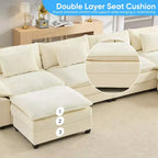 Divano componibile a U con 2 pouf, 6 posti, beige / blu scuro / grigio scuro / grigio chiaro