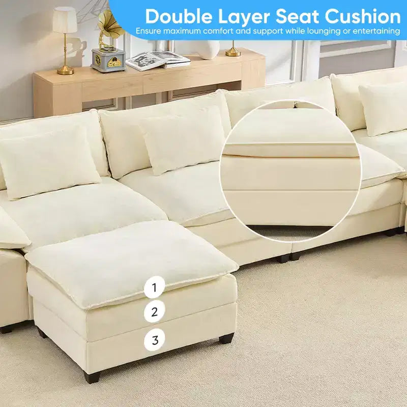 Divano componibile a U con 2 pouf, 6 posti, beige / blu scuro / grigio scuro / grigio chiaro