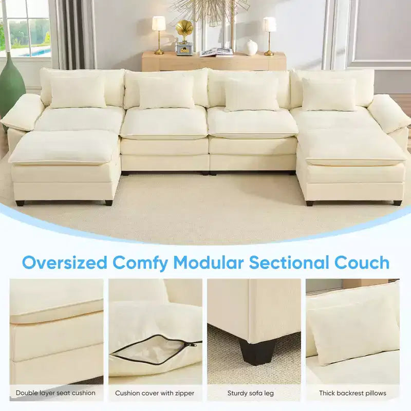 Divano componibile a U con 2 pouf, 6 posti, beige / blu scuro / grigio scuro / grigio chiaro