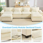 Divano componibile a U con 2 pouf, 6 posti, beige / blu scuro / grigio scuro / grigio chiaro