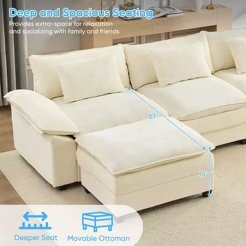 Divano componibile a U con 2 pouf, 6 posti, beige / blu scuro / grigio scuro / grigio chiaro