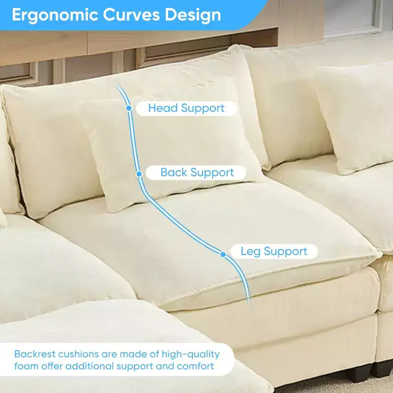 Divano componibile a U con 2 pouf, 6 posti, beige / blu scuro / grigio scuro / grigio chiaro