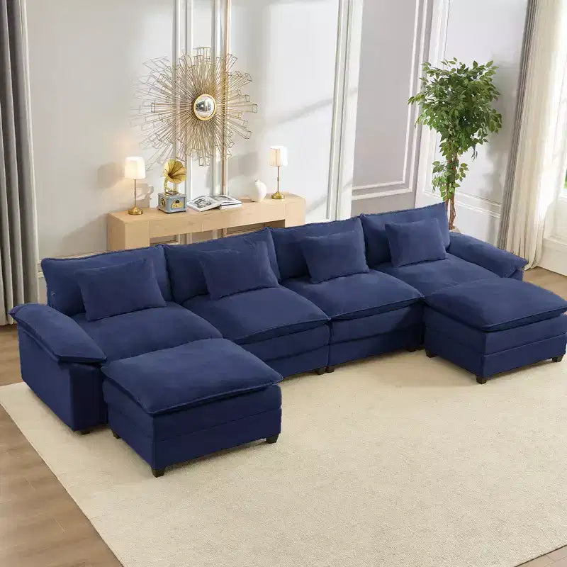Divano componibile a U con 2 pouf, 6 posti, beige / blu scuro / grigio scuro / grigio chiaro