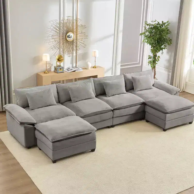 Divano componibile a U con 2 pouf, 6 posti, beige / blu scuro / grigio scuro / grigio chiaro