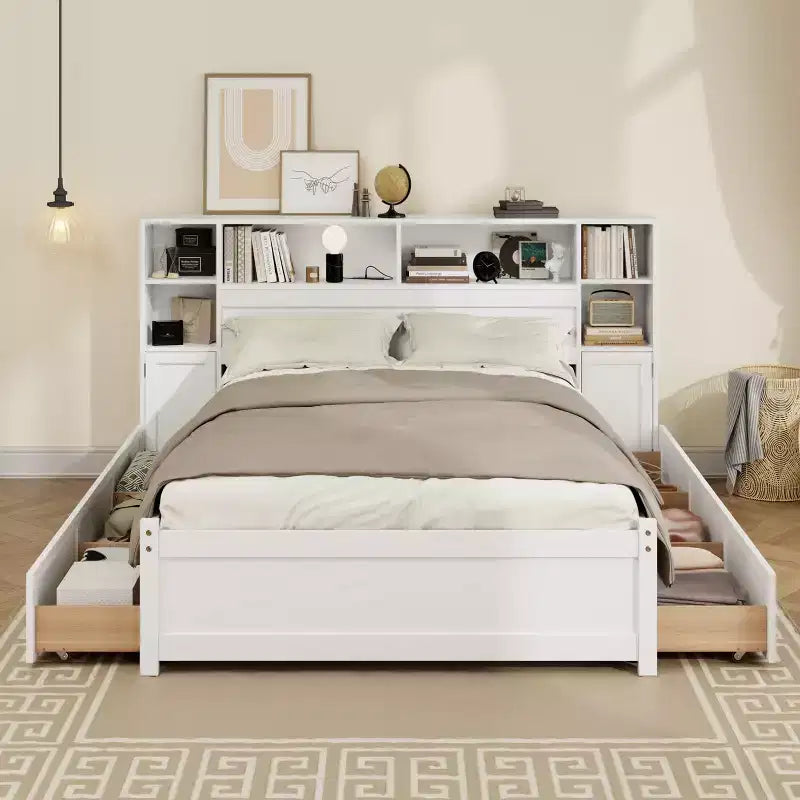 Letto a piattaforma singolo bianco con testiera a libreria e 6 cassetti contenitore