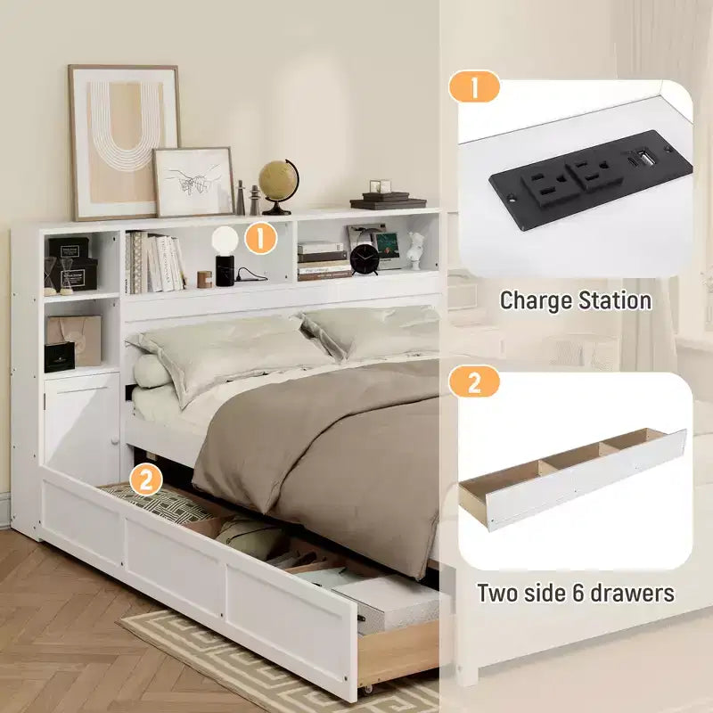 Letto a piattaforma singolo bianco con testiera a libreria e 6 cassetti contenitore
