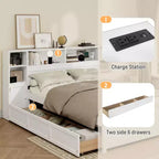 Letto a piattaforma singolo bianco con testiera a libreria e 6 cassetti contenitore