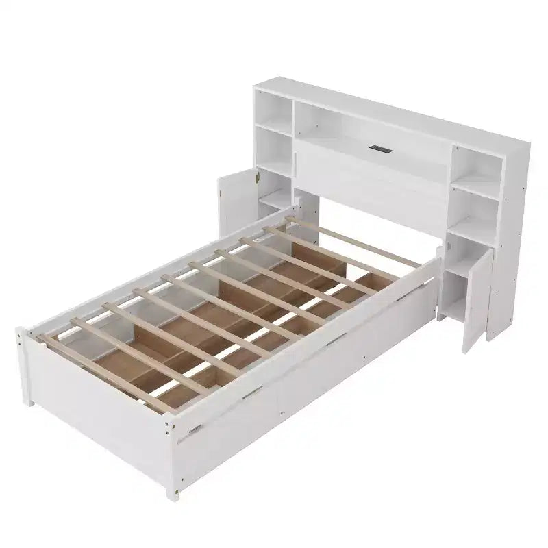 Letto a piattaforma singolo bianco con testiera a libreria e 6 cassetti contenitore