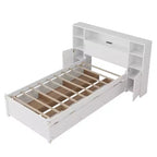 Letto a piattaforma singolo bianco con testiera a libreria e 6 cassetti contenitore