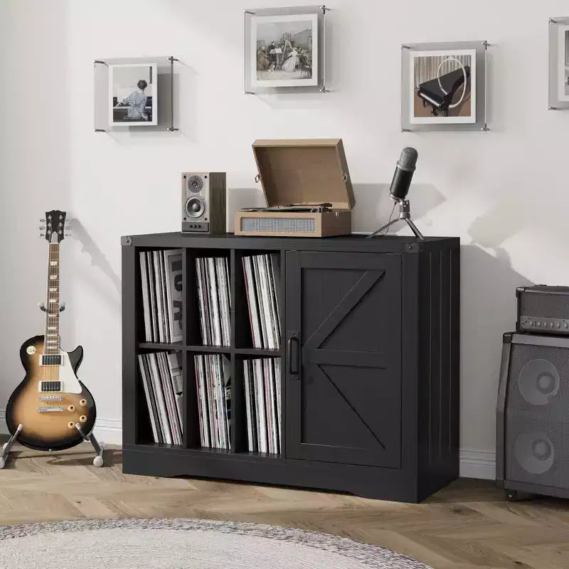 Record Player Stand with Vinyl Storage, Farmhouse Turntable Cabinet with Door, Vinyl Display Holder Shelves, Wooden Storage for Living Room, Black
