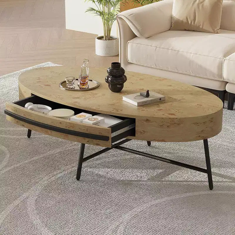 Tavolino da Caffè Ovale in Legno/Pioppo Dorato con Cassetto – Mid-Century Modern, a 4 Gambe