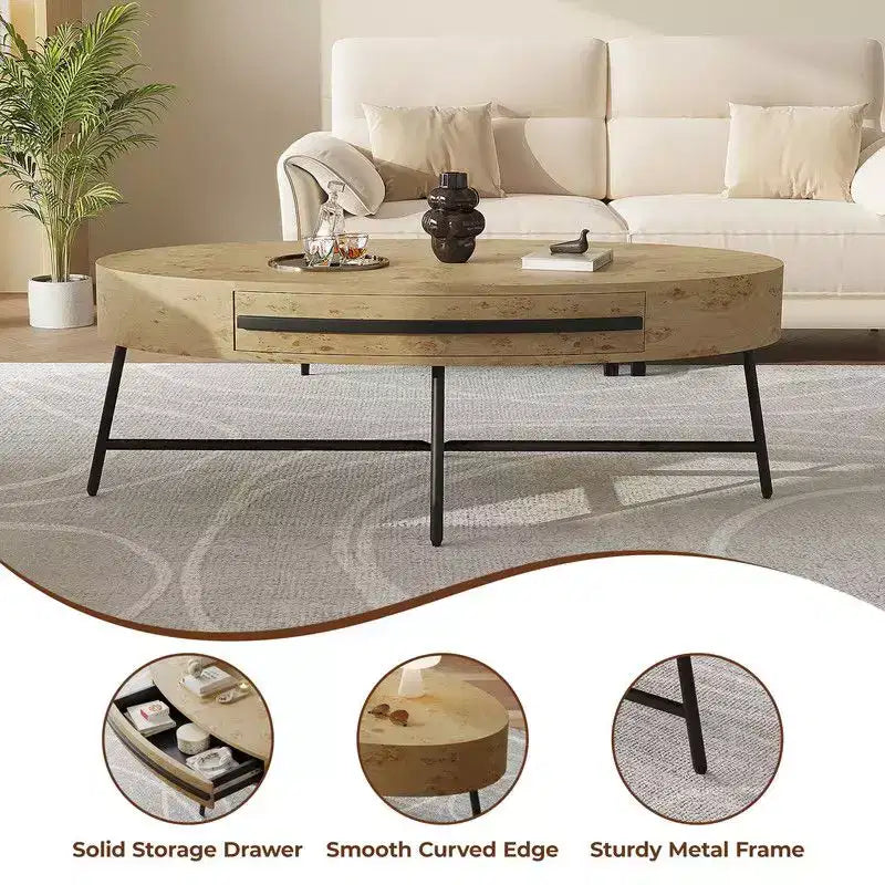 Tavolino da Caffè Ovale in Legno/Pioppo Dorato con Cassetto – Mid-Century Modern, a 4 Gambe