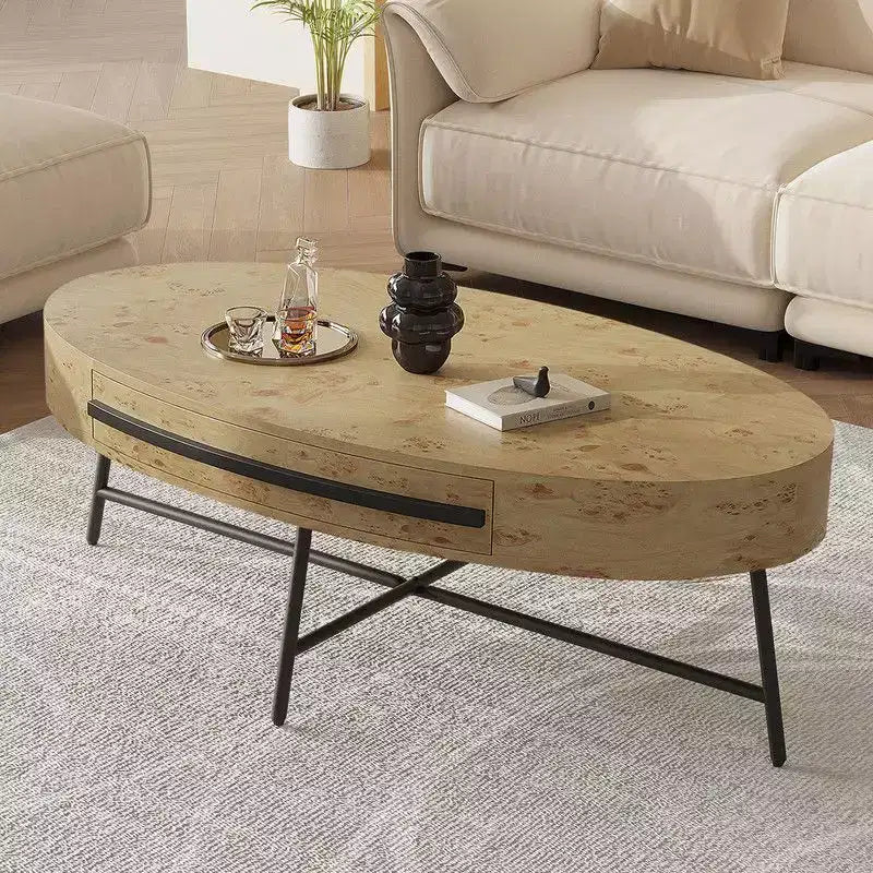 Tavolino da Caffè Ovale in Legno/Pioppo Dorato con Cassetto – Mid-Century Modern, a 4 Gambe