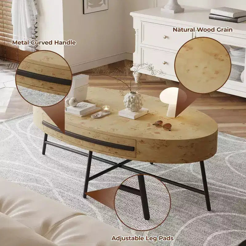 Tavolino da Caffè Ovale in Legno/Pioppo Dorato con Cassetto – Mid-Century Modern, a 4 Gambe