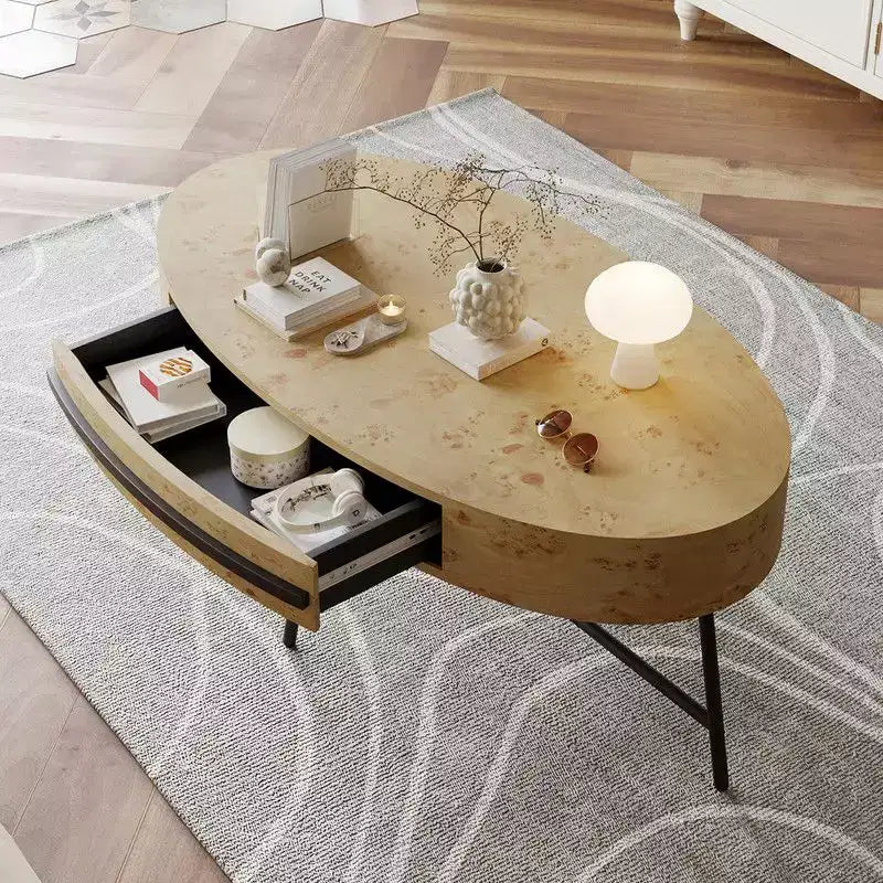 Tavolino da Caffè Ovale in Legno/Pioppo Dorato con Cassetto – Mid-Century Modern, a 4 Gambe