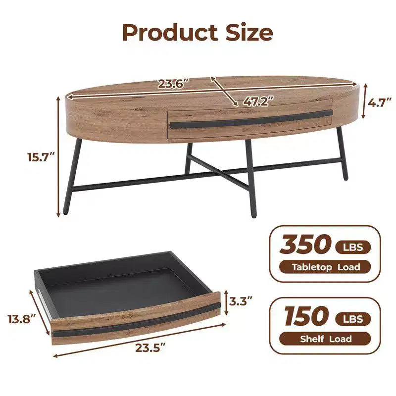 Tavolino da Caffè Ovale in Legno/Pioppo Dorato con Cassetto – Mid-Century Modern, a 4 Gambe