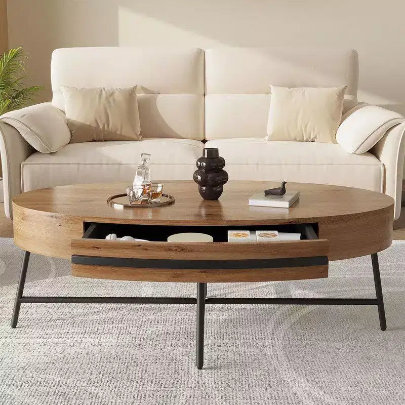 Tavolino da Caffè Ovale in Legno/Pioppo Dorato con Cassetto – Mid-Century Modern, a 4 Gambe