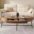 Tavolino da Caffè Ovale in Legno/Pioppo Dorato con Cassetto – Mid-Century Modern, a 4 Gambe