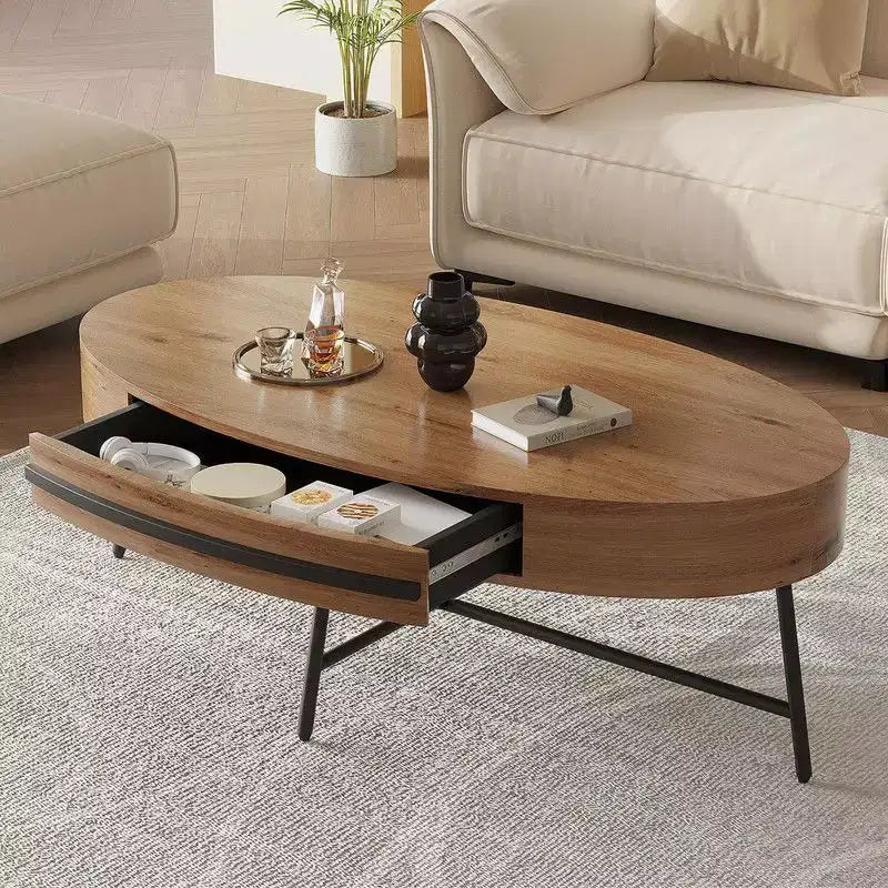 Tavolino da Caffè Ovale in Legno/Pioppo Dorato con Cassetto – Mid-Century Modern, a 4 Gambe