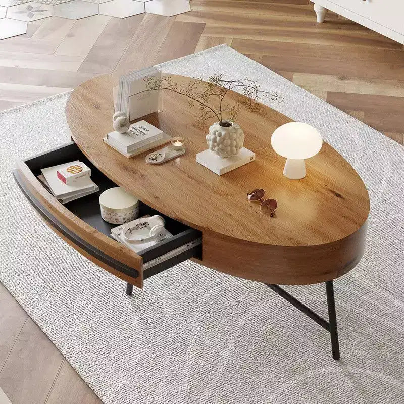 Tavolino da Caffè Ovale in Legno/Pioppo Dorato con Cassetto – Mid-Century Modern, a 4 Gambe