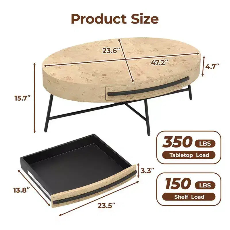 Tavolino da Caffè Ovale in Legno/Pioppo Dorato con Cassetto – Mid-Century Modern, a 4 Gambe