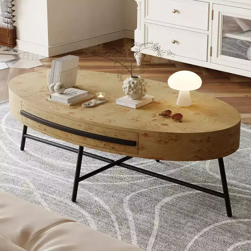 Tavolino da Caffè Ovale in Legno/Pioppo Dorato con Cassetto – Mid-Century Modern, a 4 Gambe