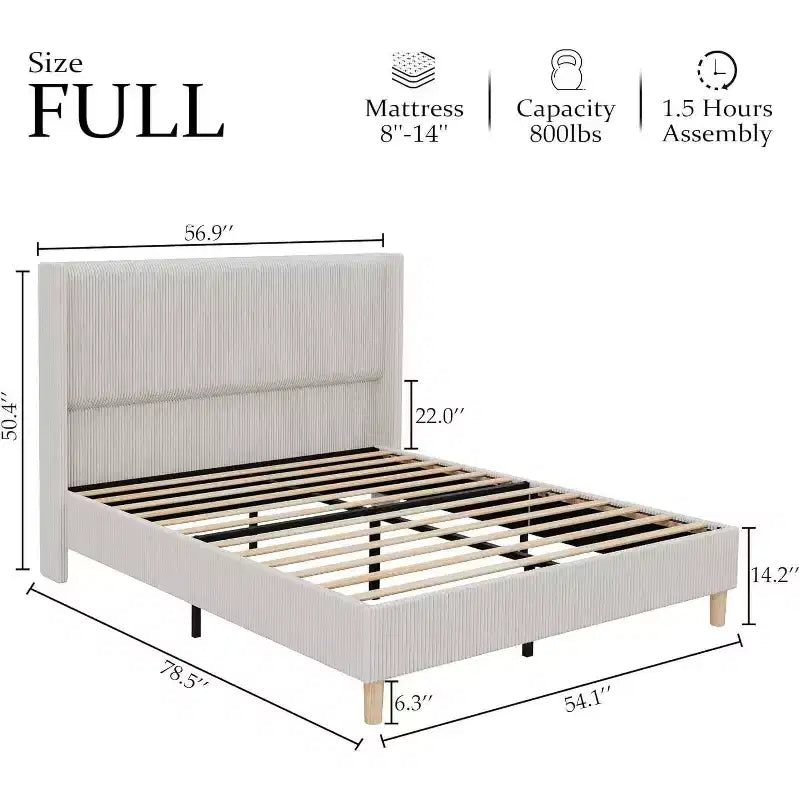 Letto con piattaforma e testiera ad ali in velluto a coste grigio – Matrimoniale/Queen/King, 1 persona