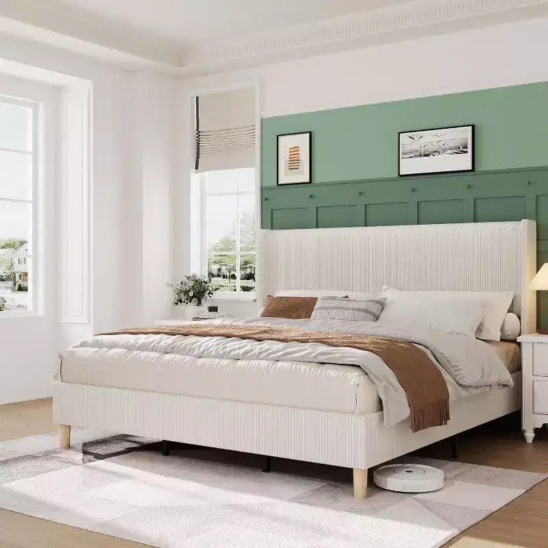Letto con piattaforma e testiera ad ali in velluto a coste grigio – Matrimoniale/Queen/King, 1 persona