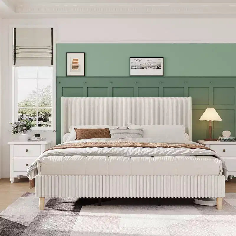 Letto con piattaforma e testiera ad ali in velluto a coste grigio – Matrimoniale/Queen/King, 1 persona