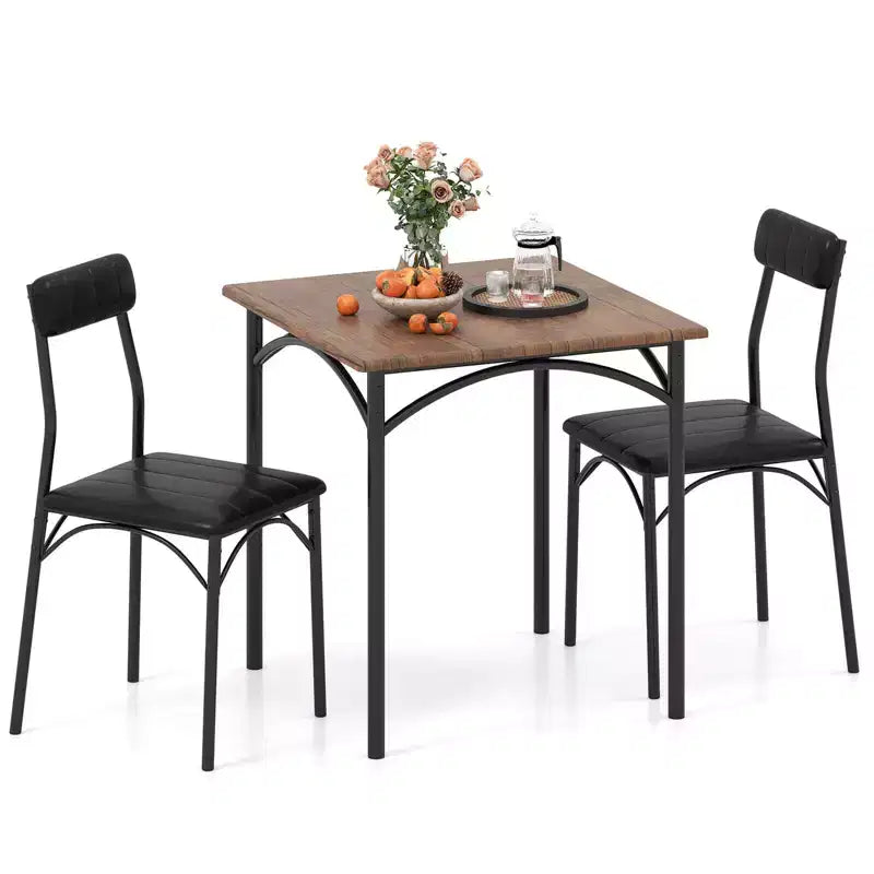 Set da pranzo in 3 pezzi per 2 persone, nero e marrone rustico, struttura in metallo