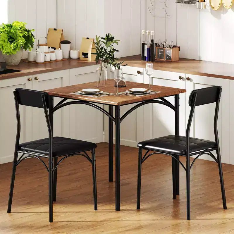 Set da pranzo in 3 pezzi per 2 persone, nero e marrone rustico, struttura in metallo