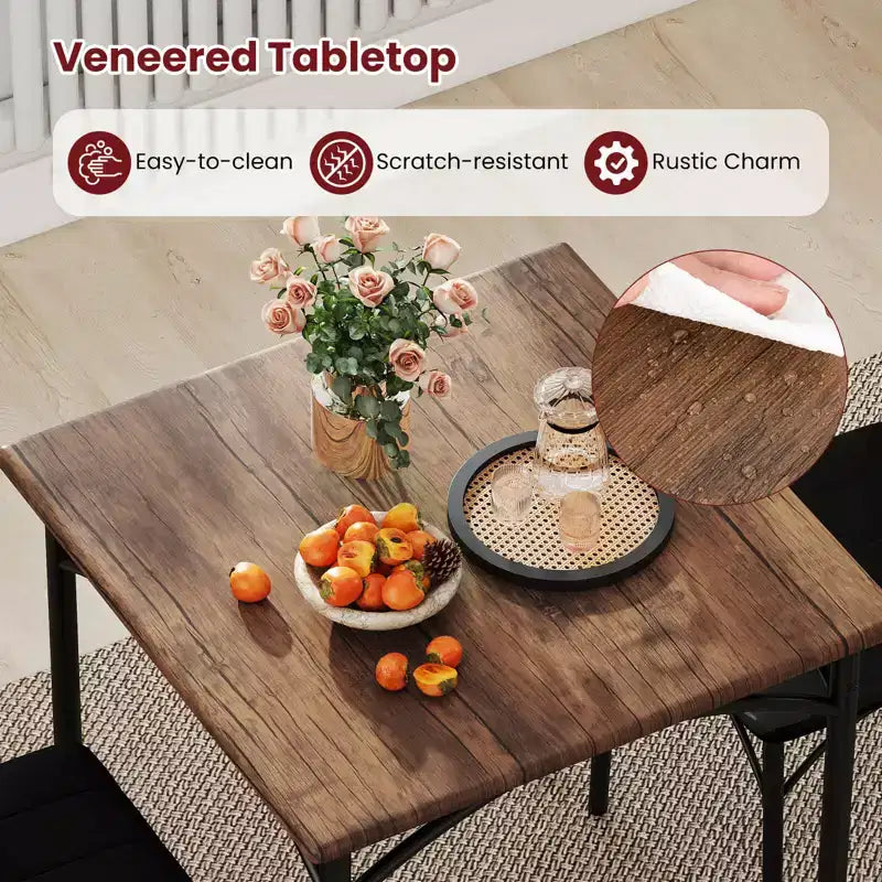 Set da pranzo in 3 pezzi per 2 persone, nero e marrone rustico, struttura in metallo
