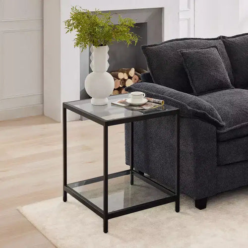 HYLEORY 20 in. Square 2-Tier Tempered Glass End Table, Side Accent Table with Metal Frame for Living Room or Bedroom