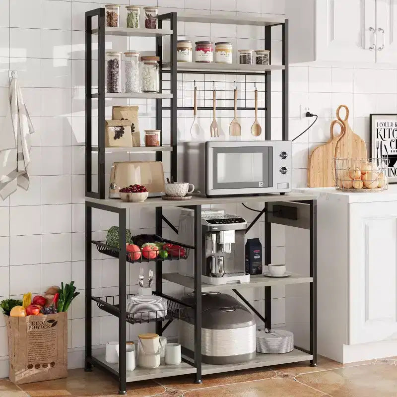 Scaffale da Forno a 7 Ripiani, Stile Industriale, Nero + Marrone / Nero + Grigio, Monoutente, con Prese di Corrente