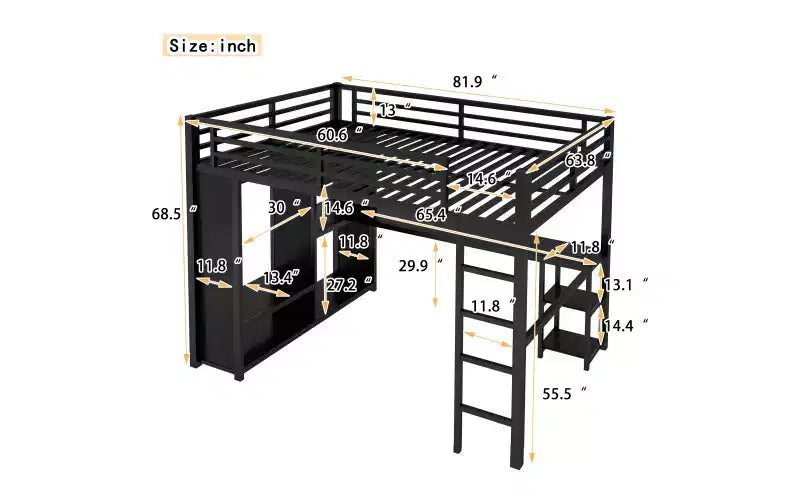 Letto a soppalco in metallo Black Queen con scrivania, armadio e mensole, per 1 persona
