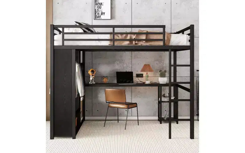 Letto a soppalco in metallo Black Queen con scrivania, armadio e mensole, per 1 persona