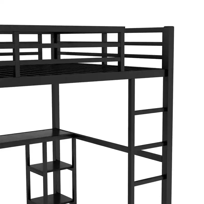 Letto a soppalco in metallo Black Queen con scrivania, armadio e mensole, per 1 persona