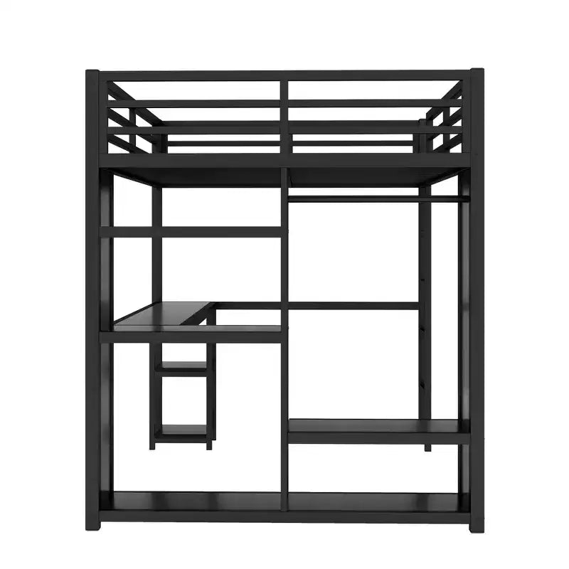 Letto a soppalco in metallo Black Queen con scrivania, armadio e mensole, per 1 persona