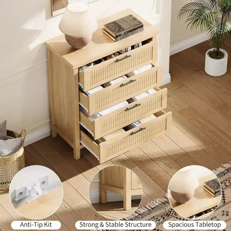 Colore Bianco/Legno, Cassettiera a 4 cassetti, per 1 persona