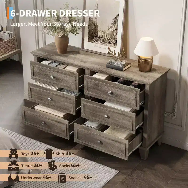 Cassettiera a 6 cassetti in legno con maniglie vintage – Nero / Marrone / Grigio / Bianco, Montaggio per adulti