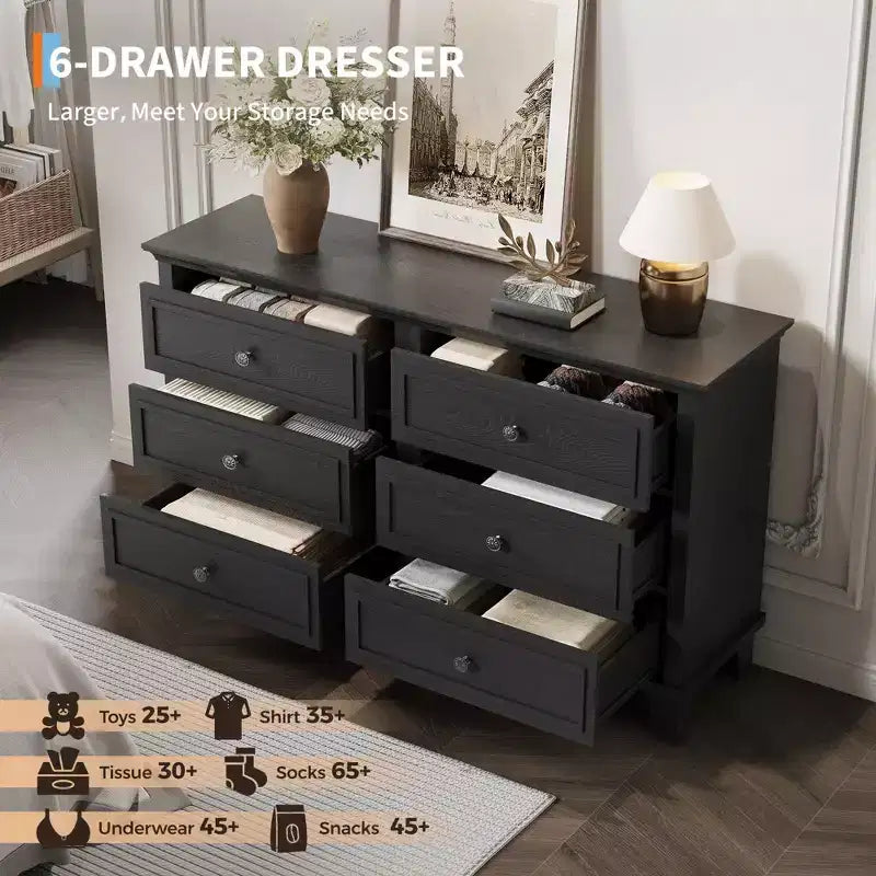 Cassettiera a 6 cassetti in legno con maniglie vintage – Nero / Marrone / Grigio / Bianco, Montaggio per adulti