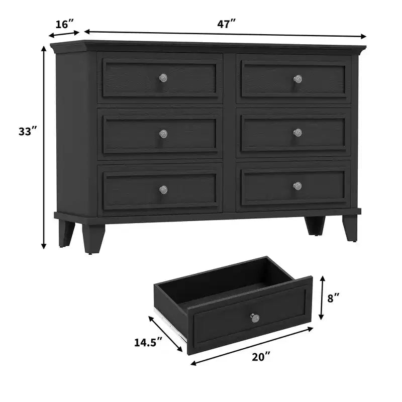 Cassettiera a 6 cassetti in legno con maniglie vintage – Nero / Marrone / Grigio / Bianco, Montaggio per adulti