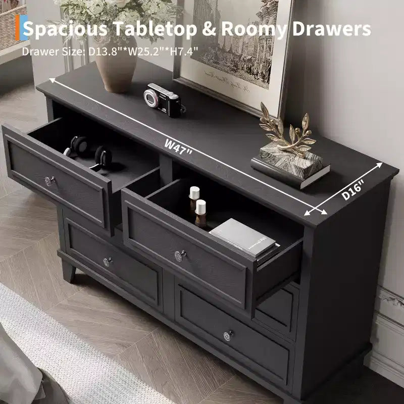 Cassettiera a 6 cassetti in legno con maniglie vintage – Nero / Marrone / Grigio / Bianco, Montaggio per adulti